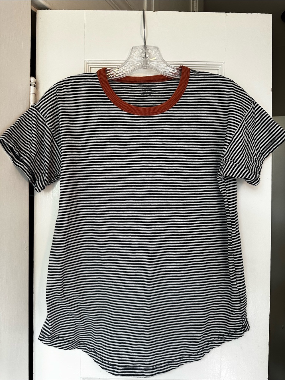 Madewell Black & White Striped Tee with Rust Neckline